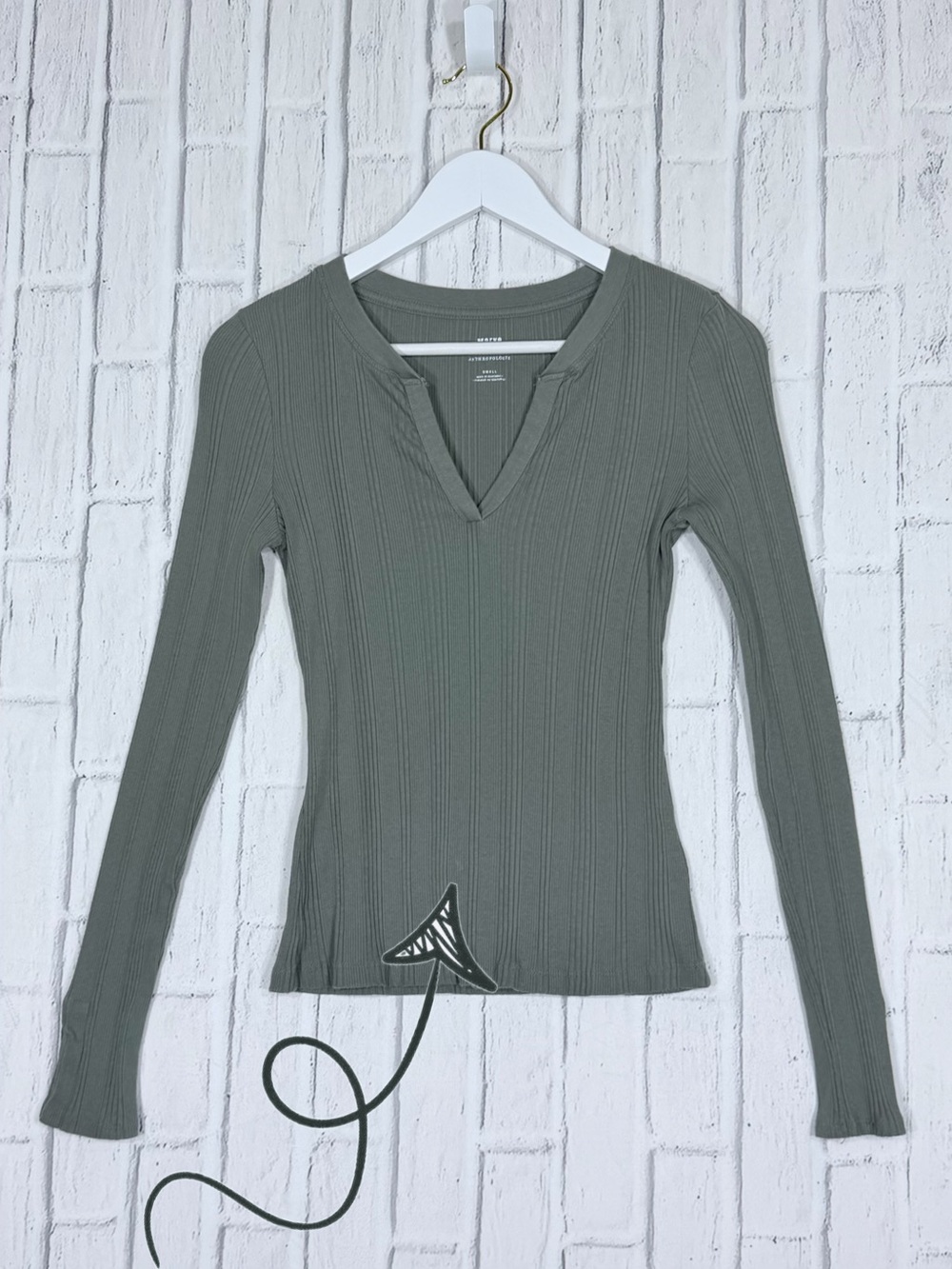 🌿 Maeve Anthropologie Olive Green Ribbed Notch Neck Top Size S - Picture 9 of 9